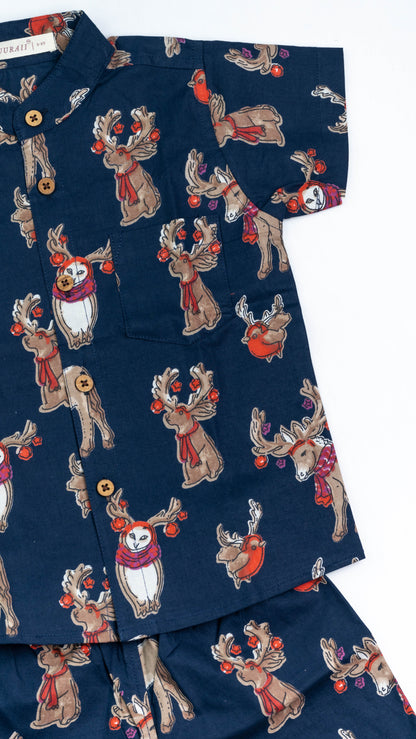Blue Reindeer Print Cotton shirt and shorts set