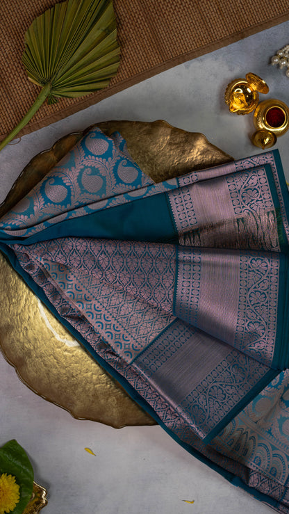Ocean Blue Premium Semi-Kanchi Silk Saree with Blouse