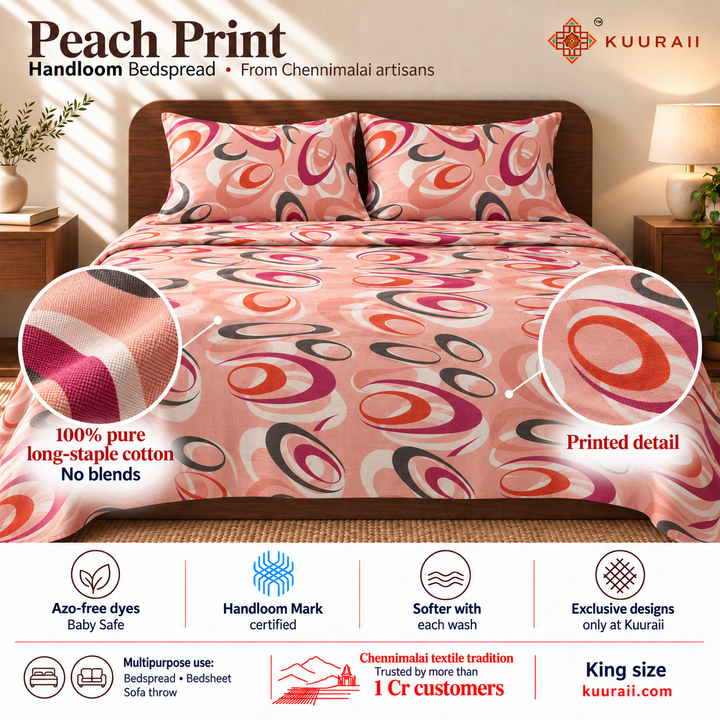 Premium Handloom Chennimalai King Size Bedspread Peach Print — Handloom cotton bedspread features, fabric detail, multipurpose use and King size