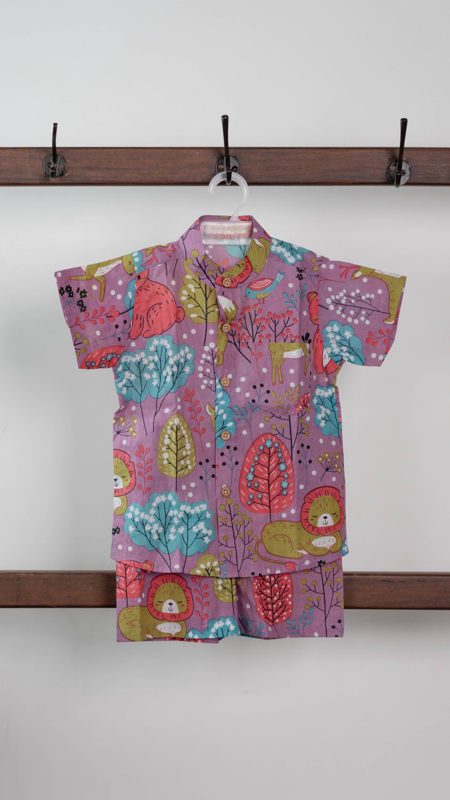 Multi-colour Forest Print Cotton shirt and shorts set