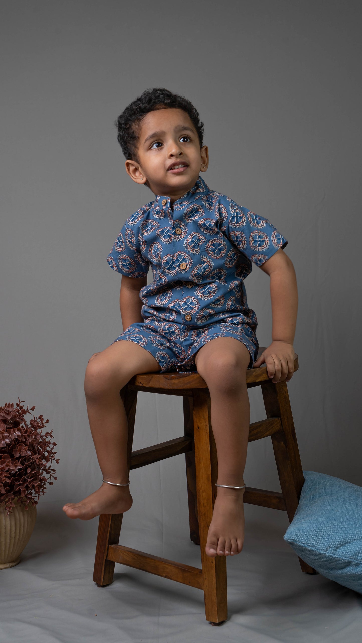 Blue Clover Print Cotton shirt and shorts set