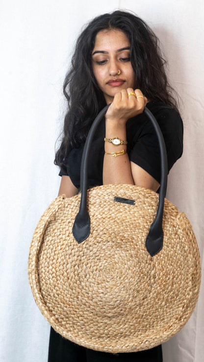 Round Jute Leather Tote
