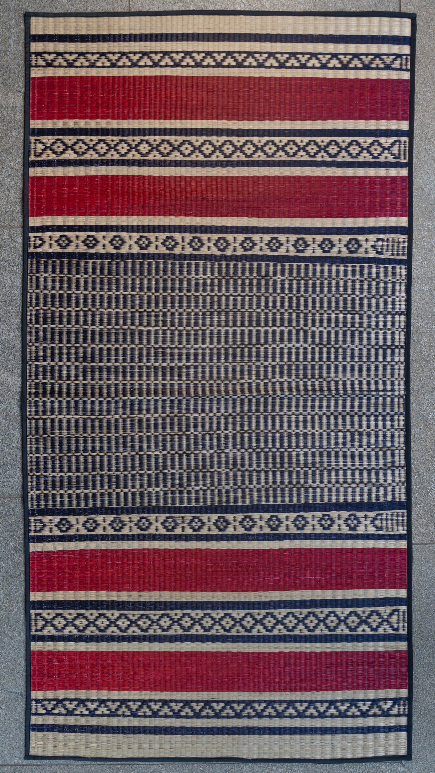 Navy Blue, Red and Beige Pattamadai River Grass Mat with Geometrical Patterns