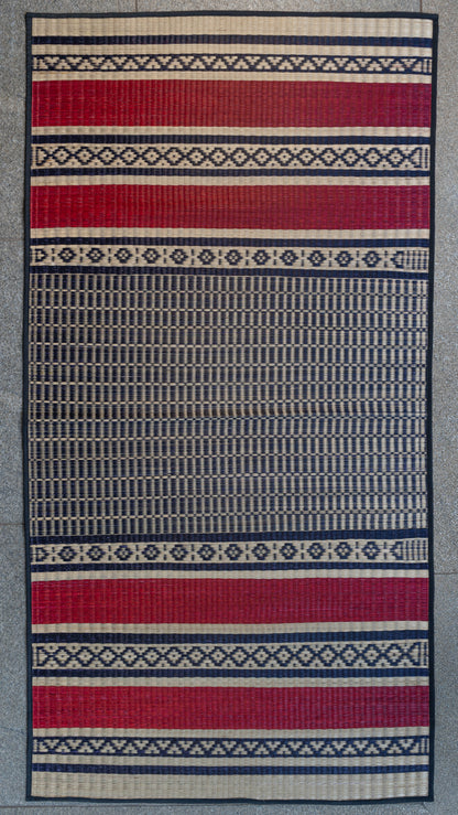 Navy Blue, Red and Beige Pattamadai River Grass Mat with Geometrical Patterns