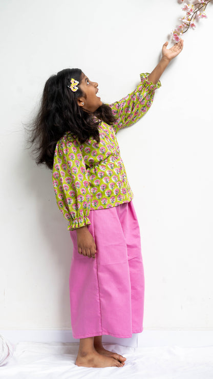 Lime Green and Pink Floral Print Cotton Co-ord Set