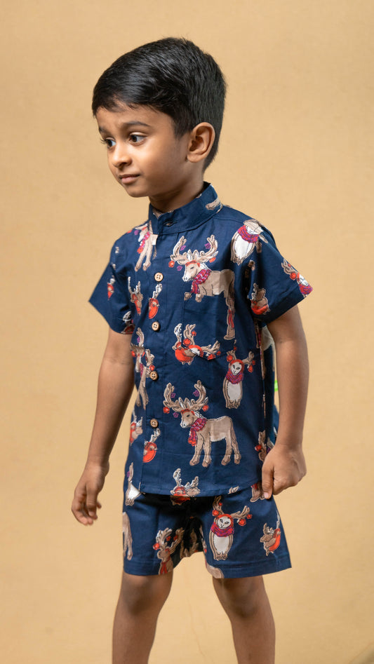Blue Reindeer Print Cotton shirt and shorts set