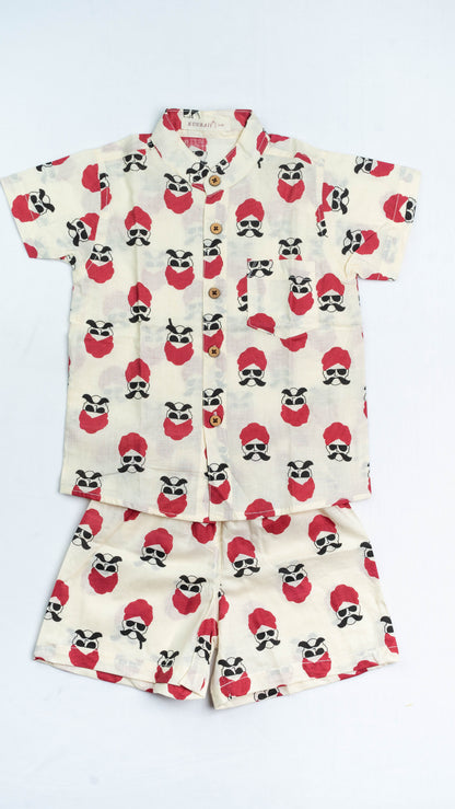 White Mustache Print Cotton shirt and shorts set