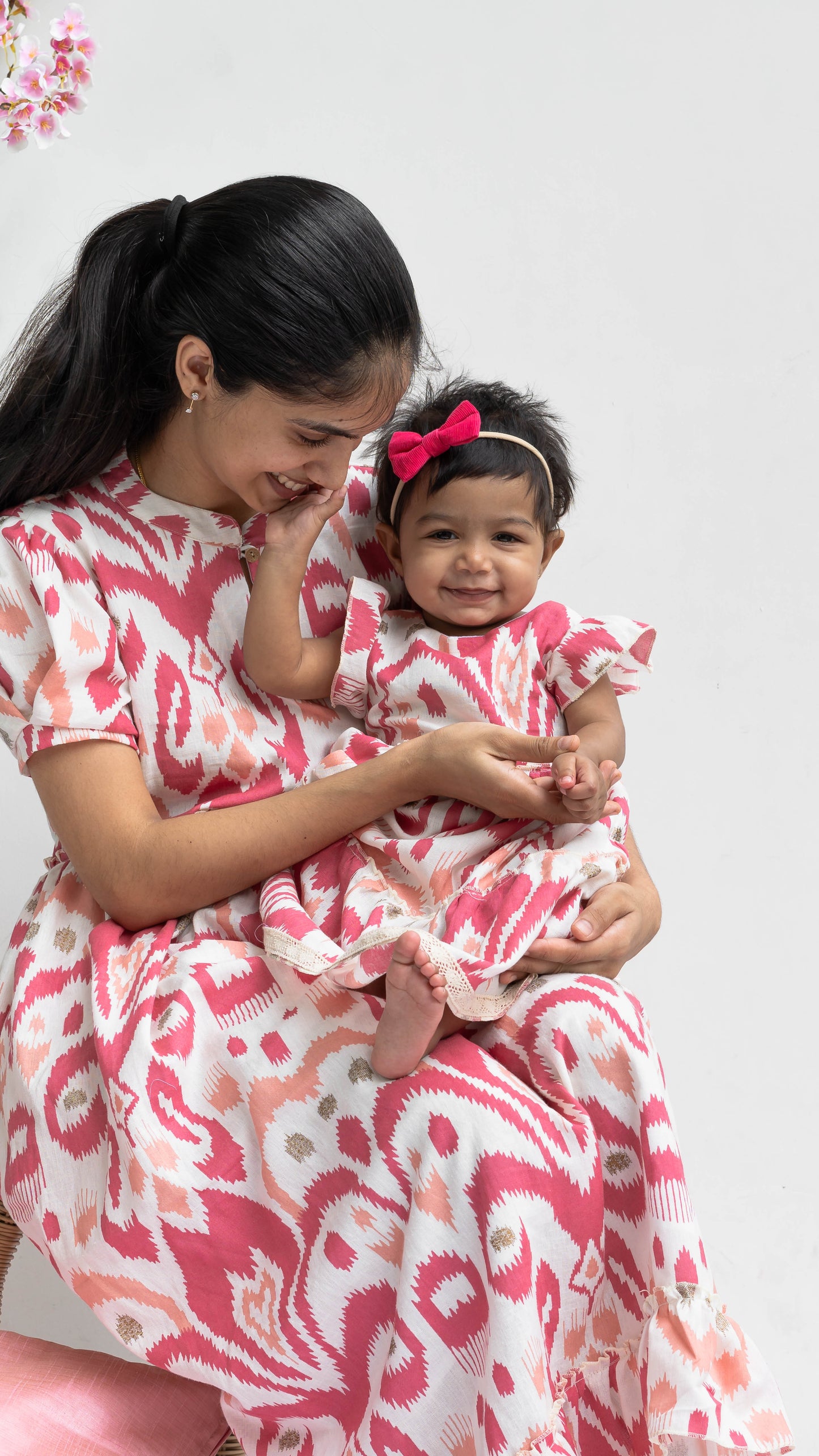 Mother & Daughter Twinning Dress | Geometric Print | White and Pink