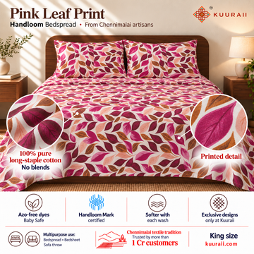 Premium Handloom Chennimalai King Size Bedspread Pink Leaf Print — Handloom cotton bedspread features, fabric detail, multipurpose use and King size