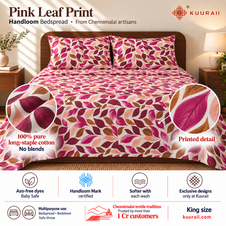 Premium Handloom Chennimalai King Size Bedspread Pink Leaf Print — Handloom cotton bedspread features, fabric detail, multipurpose use and King size