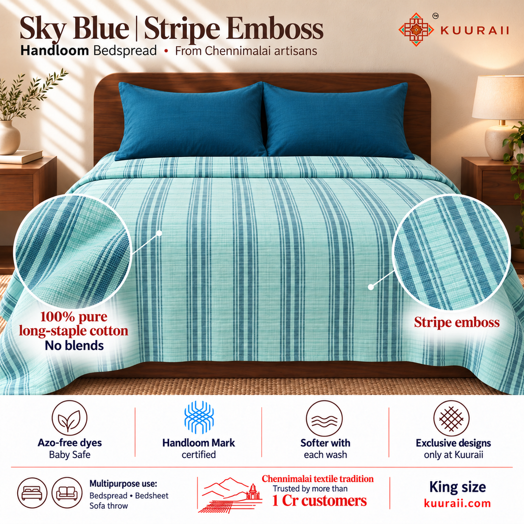Premium handloom stripe emboss Chennimalai King Size Bedspread -  Sky Blue — Handloom cotton bedspread features, fabric detail, multipurpose use and King size