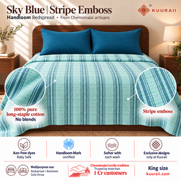 Premium handloom stripe emboss Chennimalai King Size Bedspread -  Sky Blue — Handloom cotton bedspread features, fabric detail, multipurpose use and King size