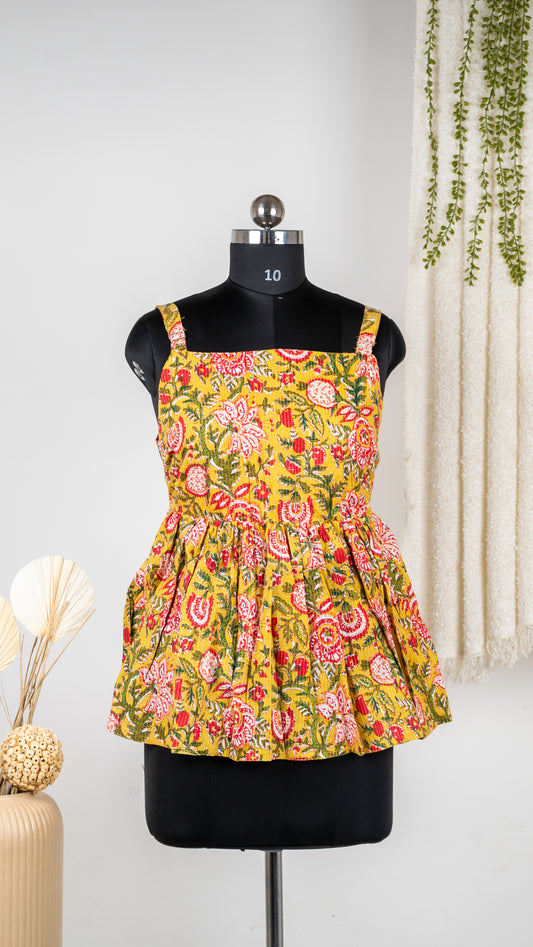 Yellow Floral Cotton Tie-Back Short Dress