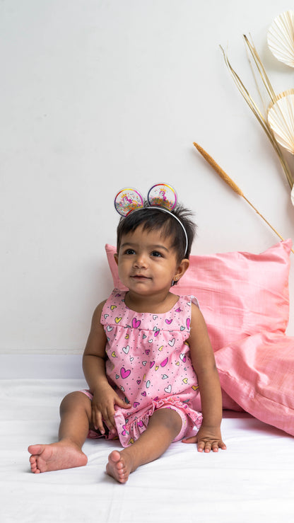 Pink and Multi-colour Heart Print Cotton Dress