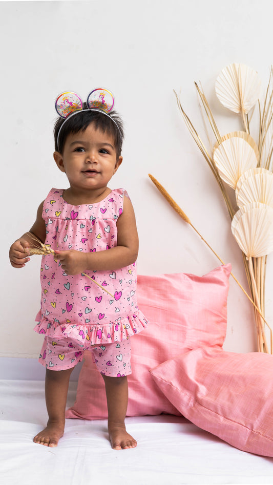 Pink and Multi-colour Heart Print Cotton Dress