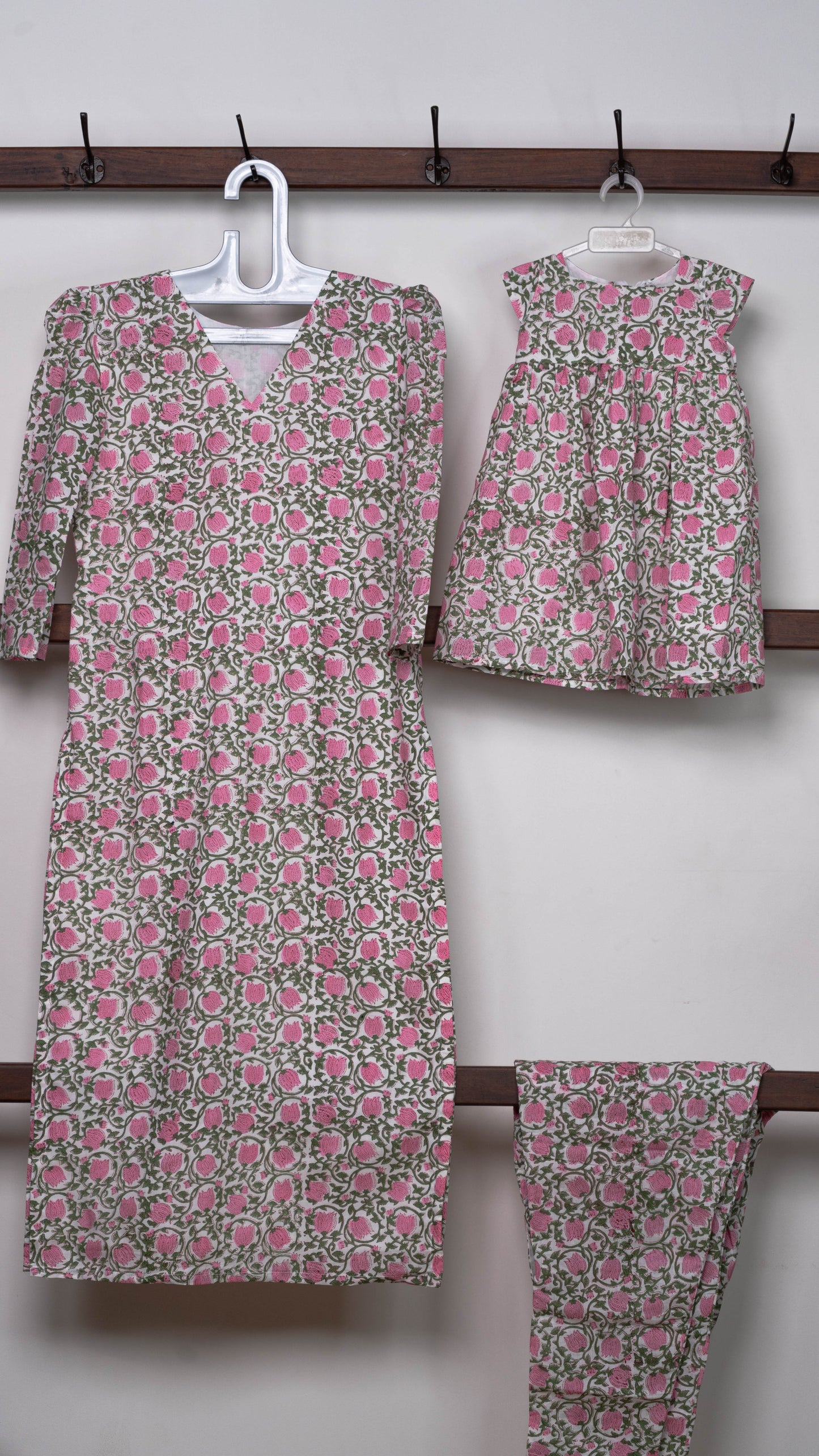 Mother & Daughter Twinning Dress | Lotus and Leaf Print | White and Pink