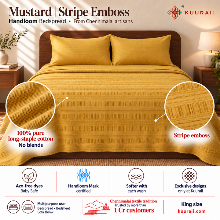 Premium handloom stripe emboss Chennimalai King Size Bedspread - Mustard — Handloom cotton bedspread features, fabric detail, multipurpose use and King size