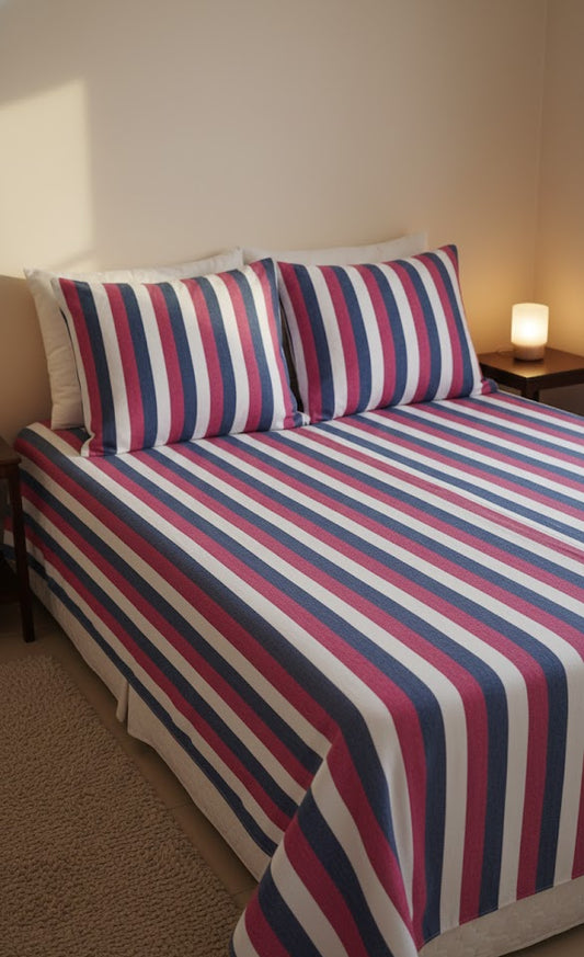 Chennimalai Double Cot Bedspread Classic Tricolor Stripe
