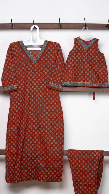 Mother & Daughter Twinning Dress | Handblock Print | Rust and Blue