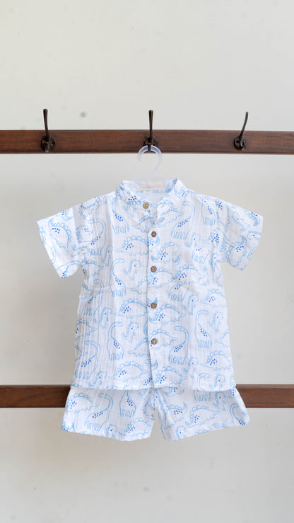 Dino Print Muslin shirt and shorts set