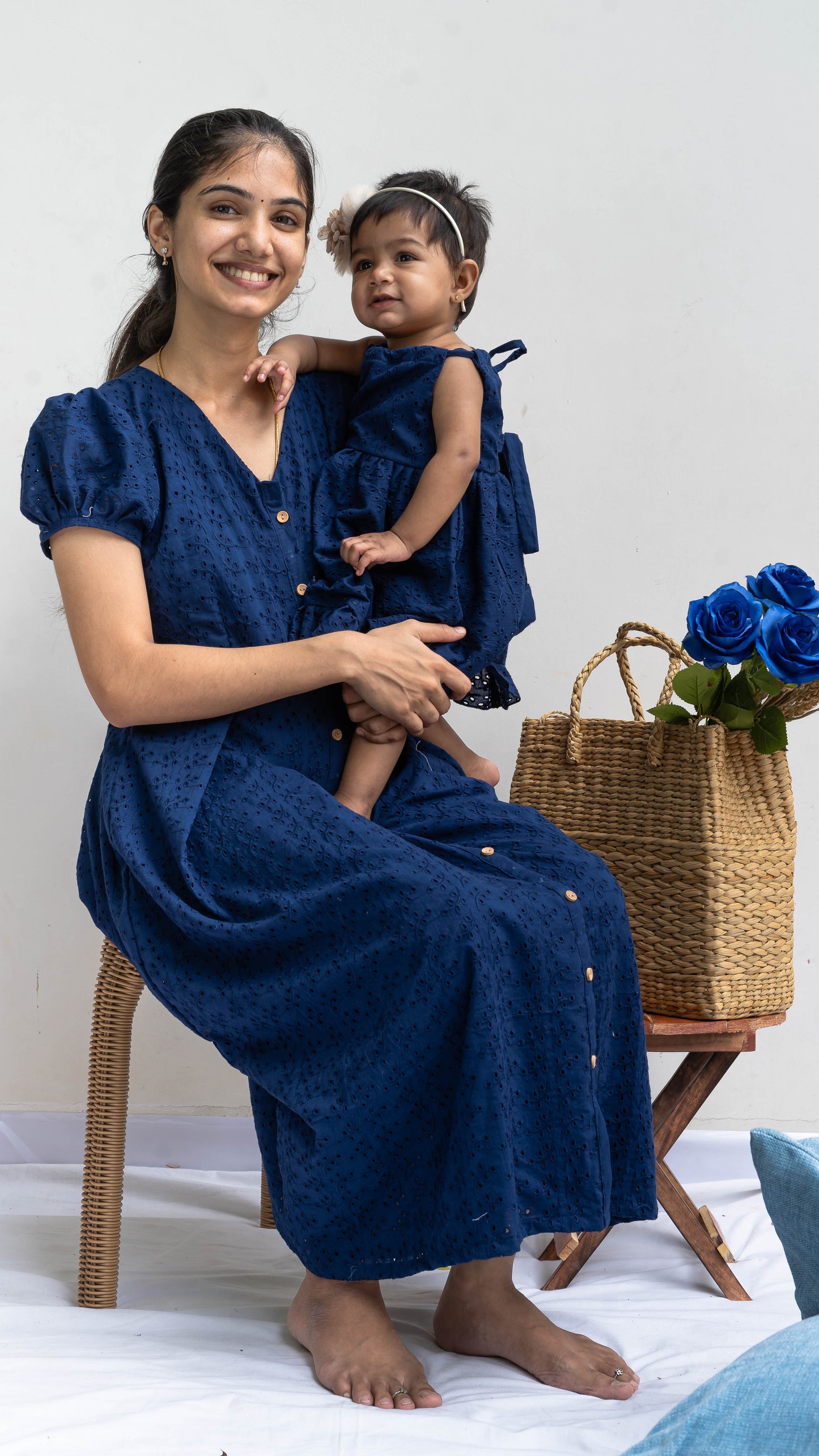 Mother & Daughter Twinning Dress | Hakoba Print | Solid Blue