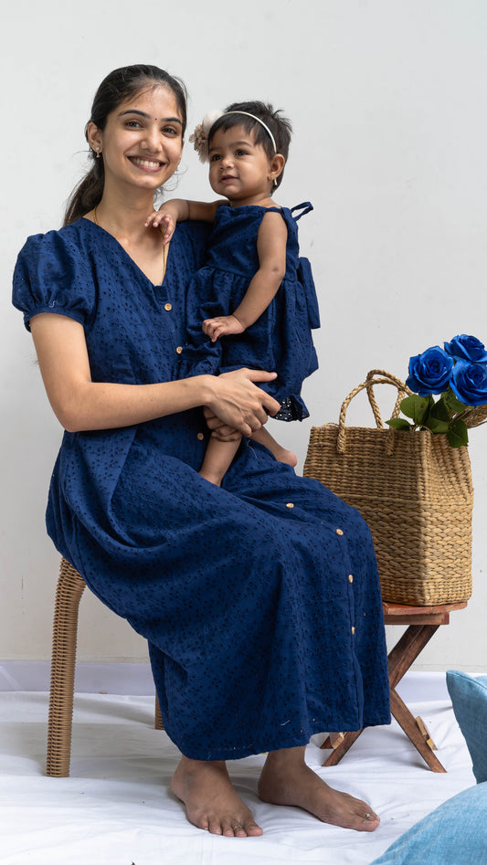 Mother & Daughter Twinning Dress | Hakoba Print | Solid Blue
