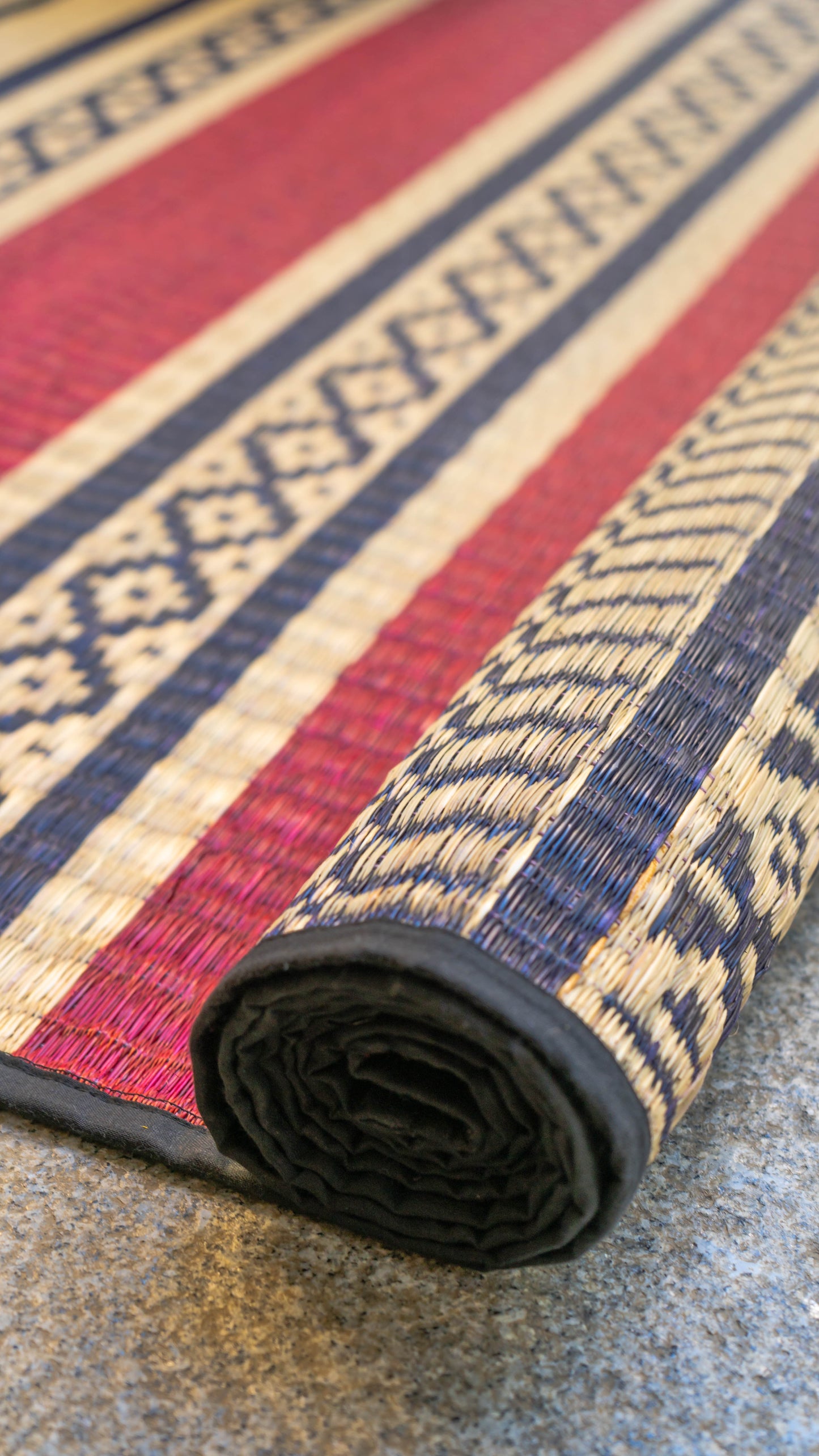 Navy Blue, Red and Beige Pattamadai River Grass Mat with Geometrical Patterns