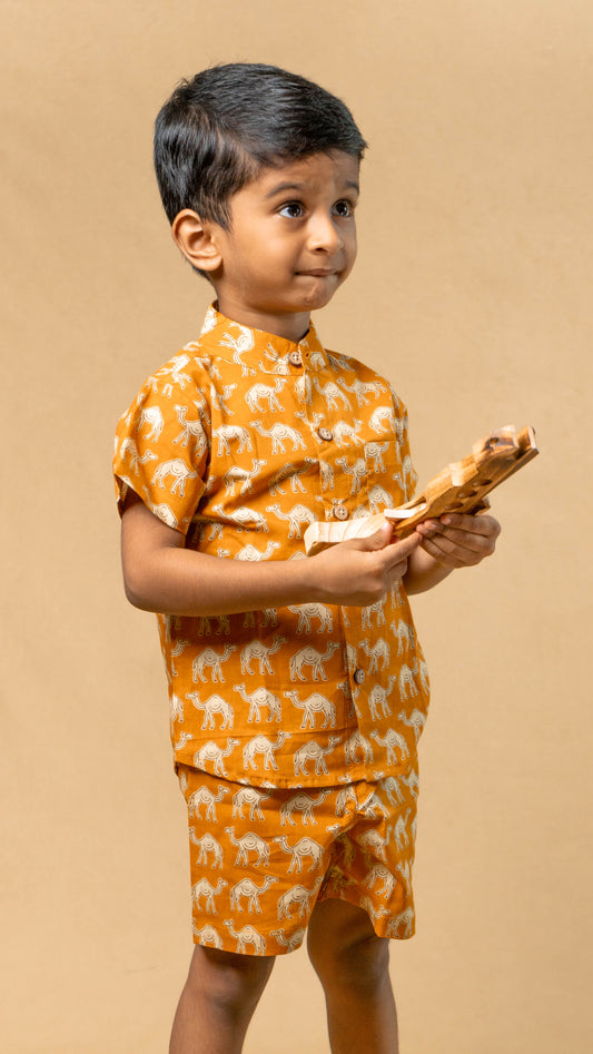 Yellow Camel Print Cotton shirt and shorts set