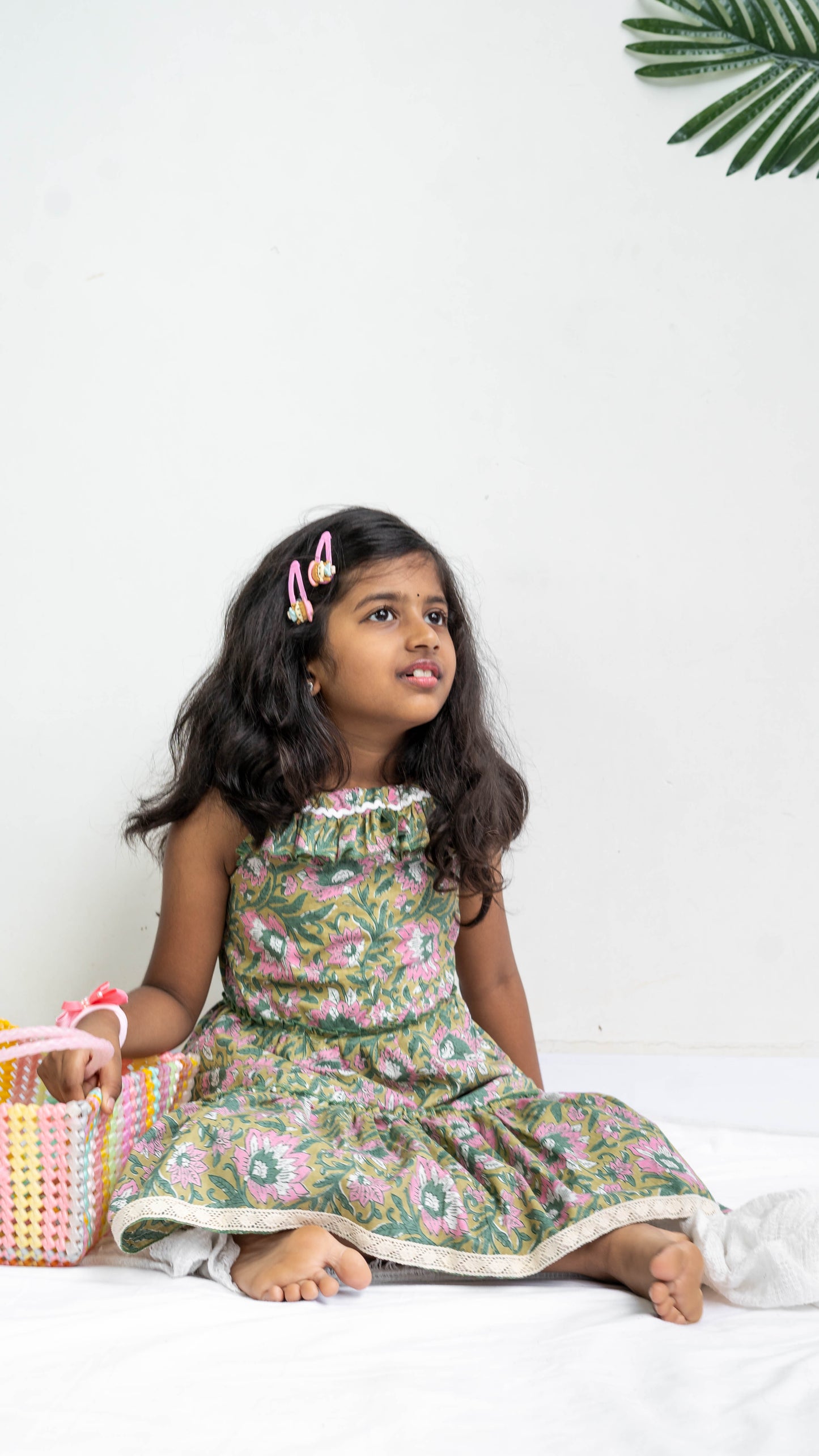 Green and Pink Floral Print Cotton Dress