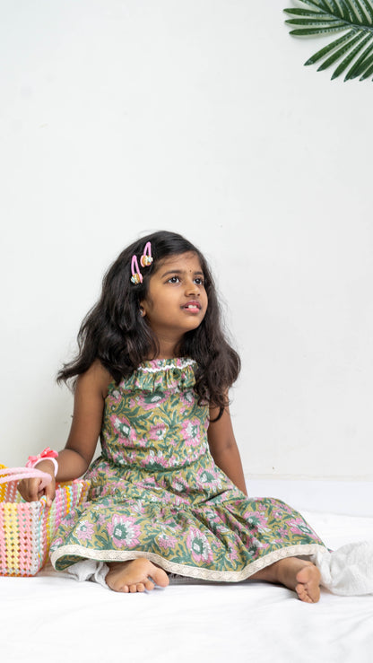 Green and Pink Floral Print Cotton Dress