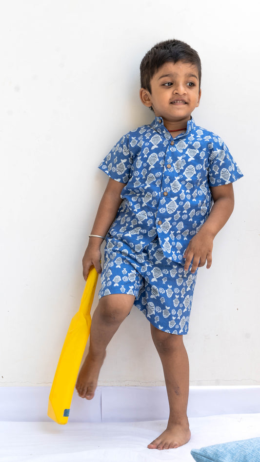 Blue Fish Print Cotton shirt and shorts set