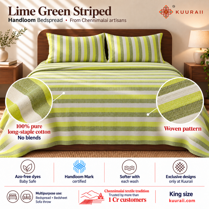Super Soft Handloom Chennimalai King Size Bedspread Lime Green Striped — Handloom cotton bedspread features, fabric detail, multipurpose use and King size