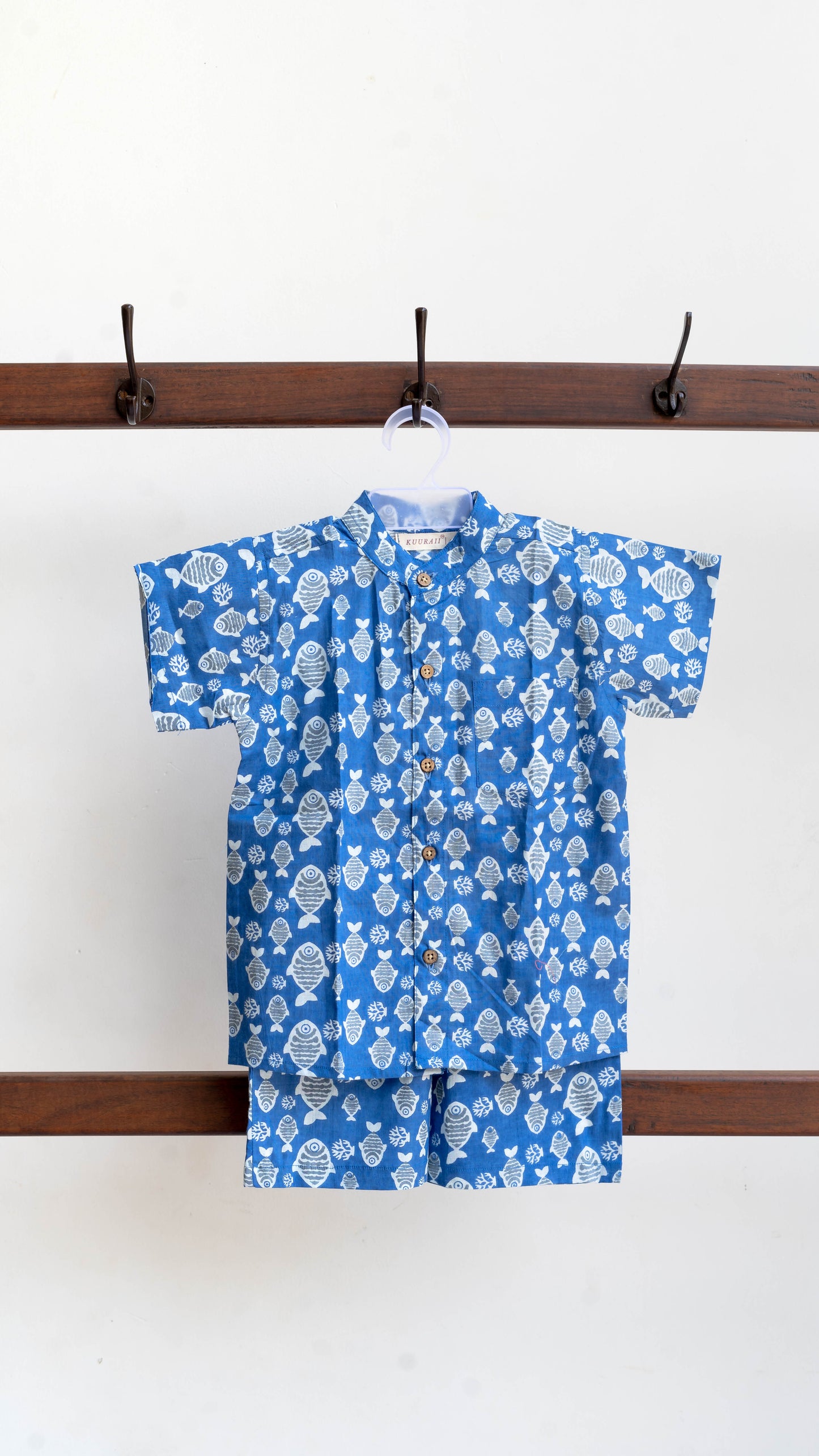 Blue Fish Print Cotton shirt and shorts set
