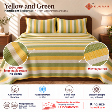 Super Soft Handloom Chennimalai King Size Bedspread Yellow and Green — Handloom cotton bedspread features, fabric detail, multipurpose use and King size