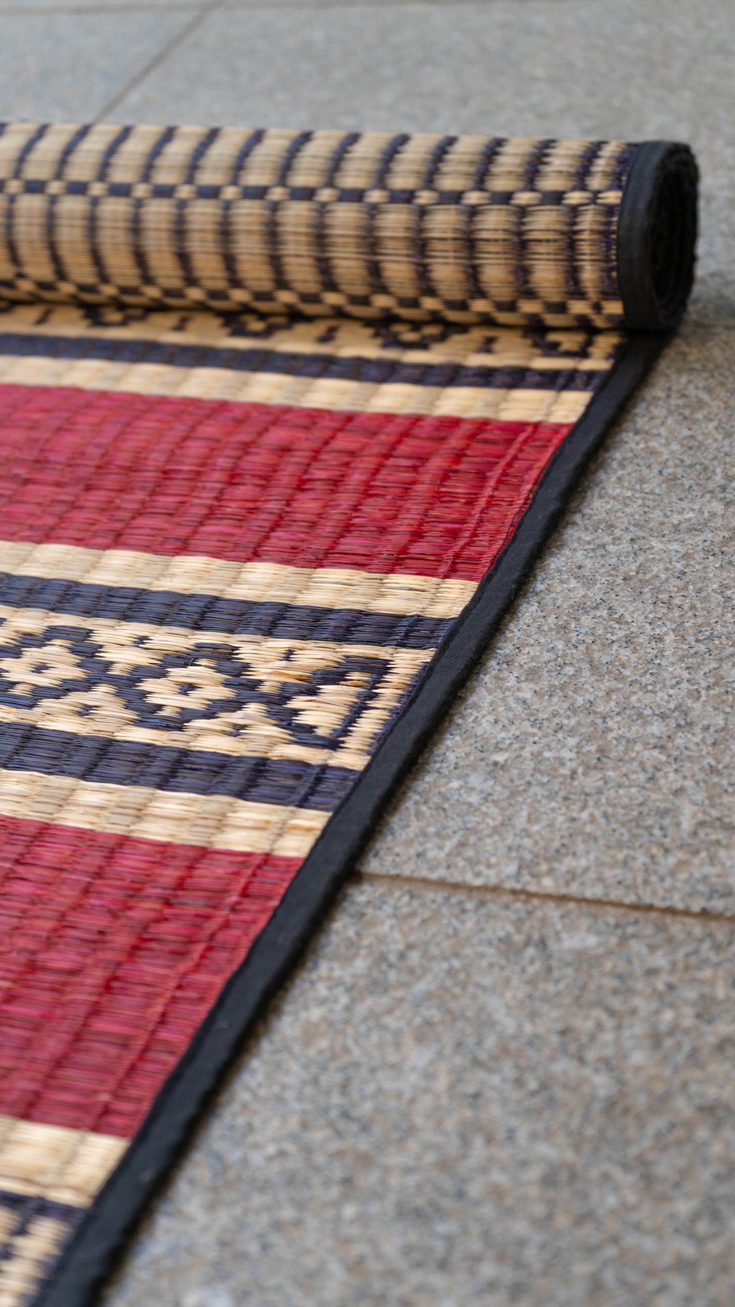 Navy Blue, Red and Beige Pattamadai River Grass Mat with Geometrical Patterns