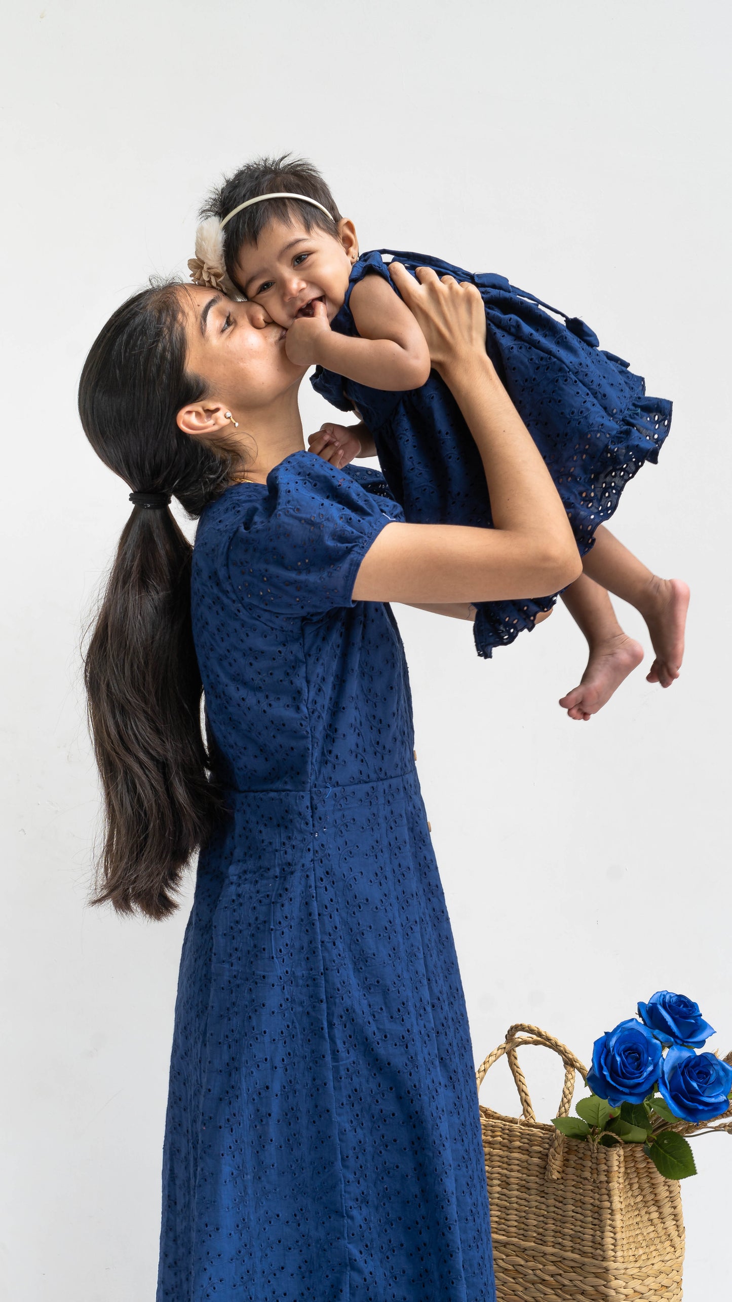 Mother & Daughter Twinning Dress | Hakoba Print | Solid Blue