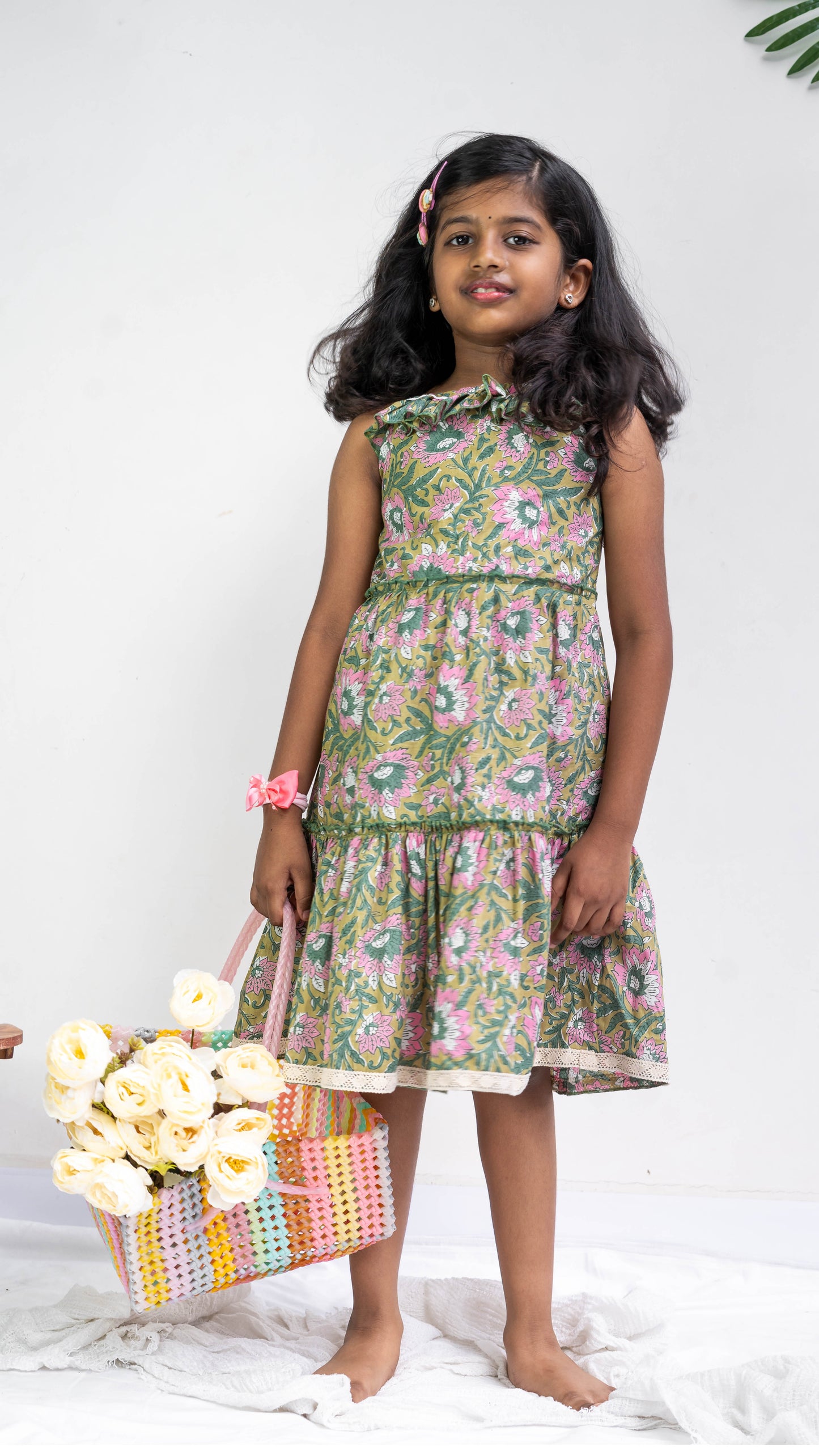 Green and Pink Floral Print Cotton Dress