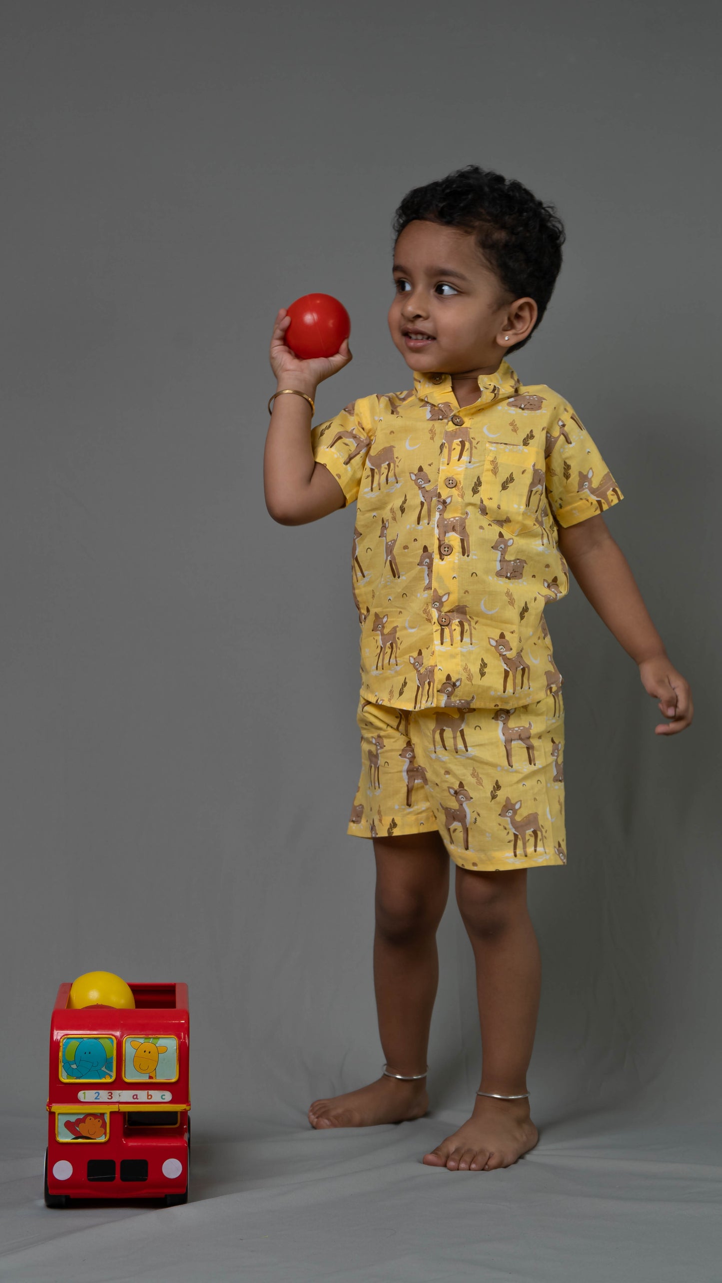 Yellow Deer Print Cotton shirt and shorts set