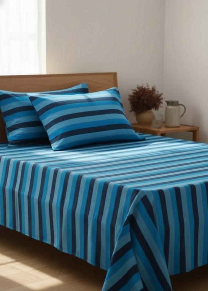 Single Cot Chennimalai Bedspread -- Ocean Blue Striped