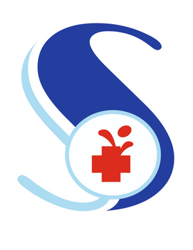 Logo with a blue curved design and a red cross symbol on a white background