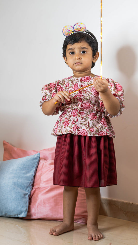 White and Maroon Floral Print Cotton Co-ord Set