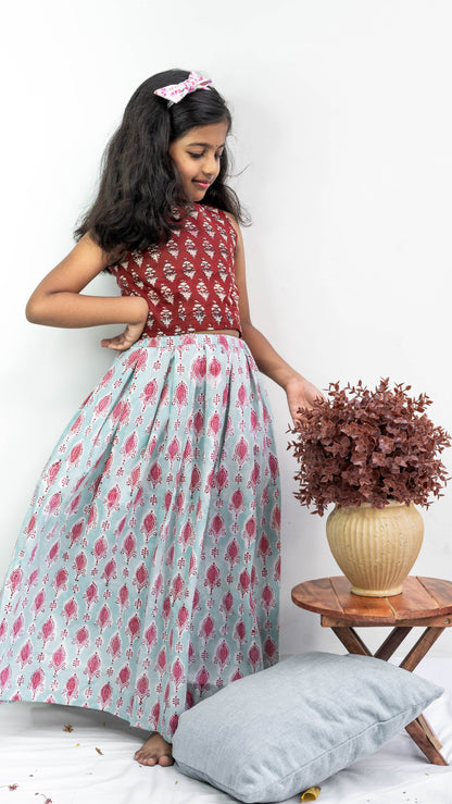 Maroon and Sky Blue Floral Print Cotton Lehenga Set