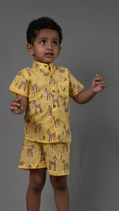 Yellow Deer Print Cotton shirt and shorts set