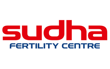 Logo of Sudha Fertility Centre with red and blue text on a white background