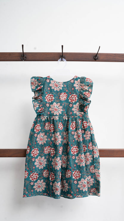Green Big Floral Print Cotton Dress