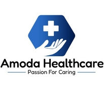 Amoda Healthcare logo with a hand holding a cross symbol on a white background