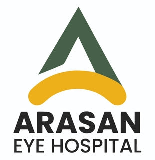 Logo of Arasan Eye Hospital with a green and yellow design on a white background