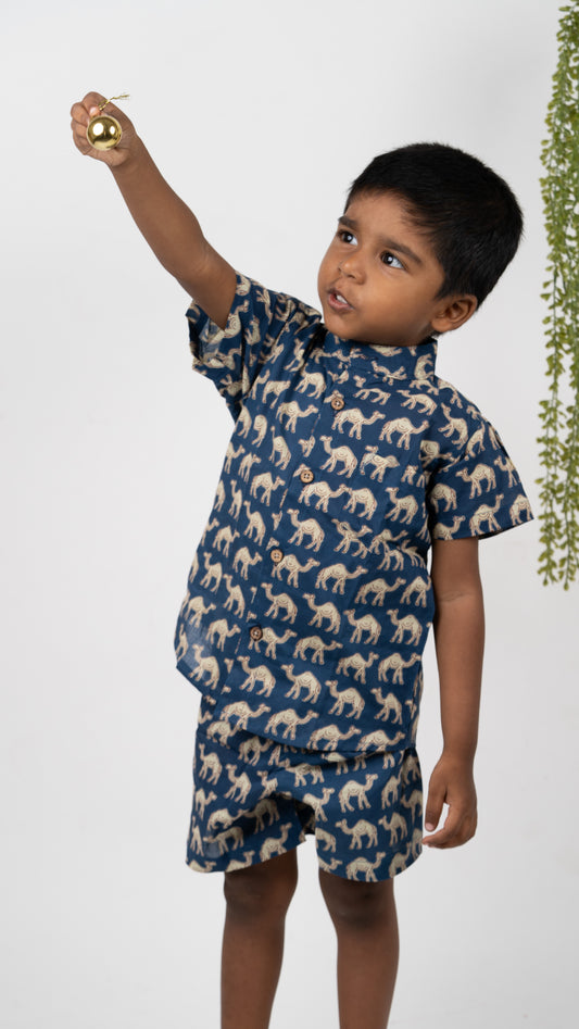 Blue Beige Camel Print Cotton shirt and shorts set