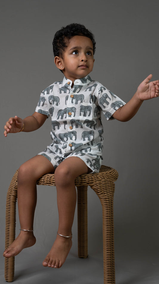 Grey Elephant Print Cotton shirt and shorts set