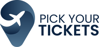 Logo for 'Pick Your Tickets' with a stylized airplane icon on a blue background